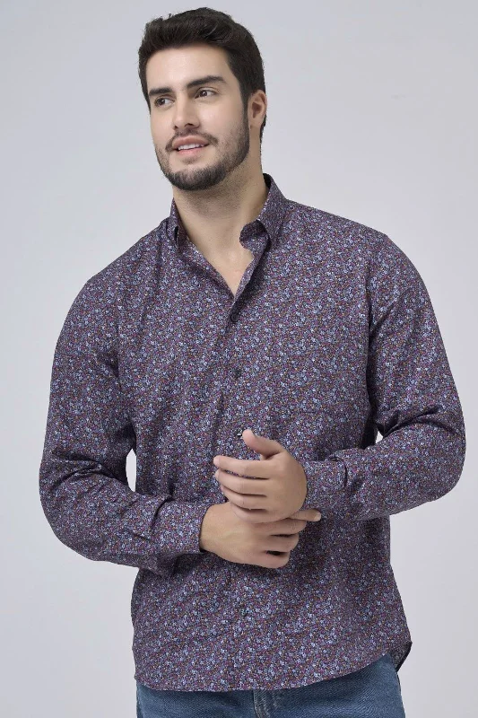 Men's Cowboy Shirts for Western StyleBurgundy, Sky, and Tan Botanical Print No-Iron Cotton Sport Shirt with Hidden Button Down Collar by Leo Chevalier
