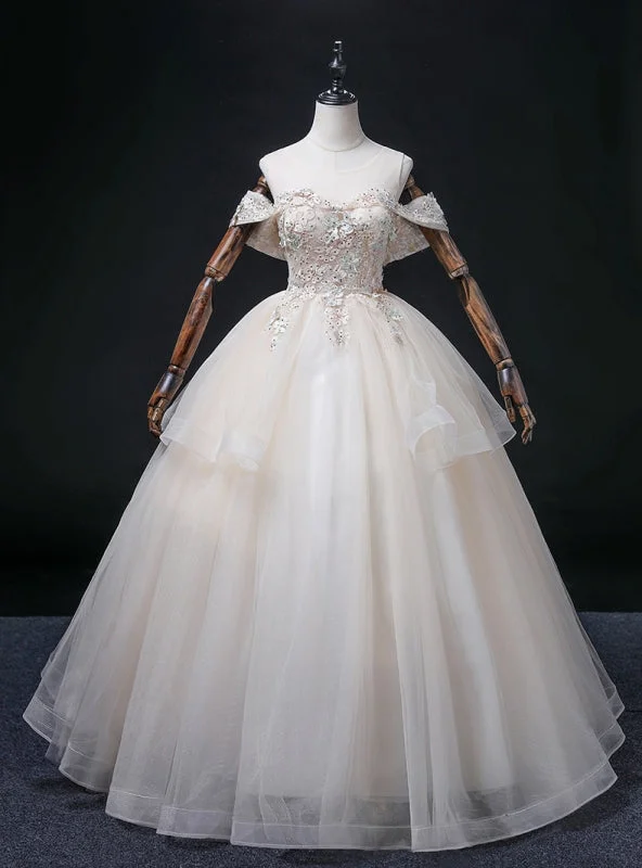 Plunging Neckline DressChampagne Tulle Appliques Beading Quinceanera Dress