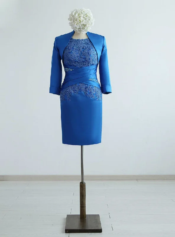 A-Line DressBlue Satin Appliques Lace Beading Knee-Length Mother of the Bride Dresses