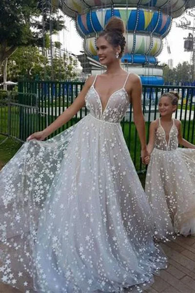 Glamour DressSpaghetti Straps V-Neck Sparkly Wedding Dresses with Stars Floor Length Long Prom Dresses N2678
