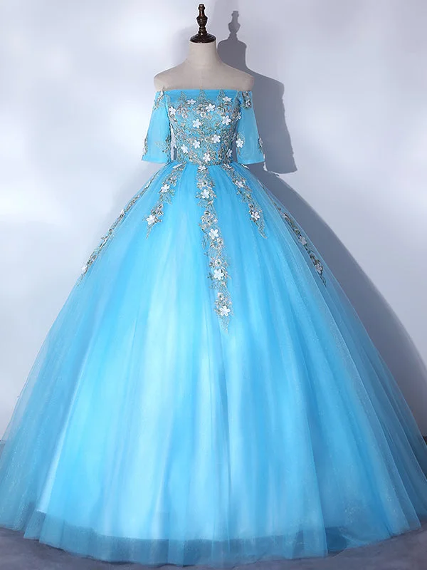 Plunging Neckline DressBlue Tulle Off the Shoulder Short Sleeve Appliques Quinceanera Dress