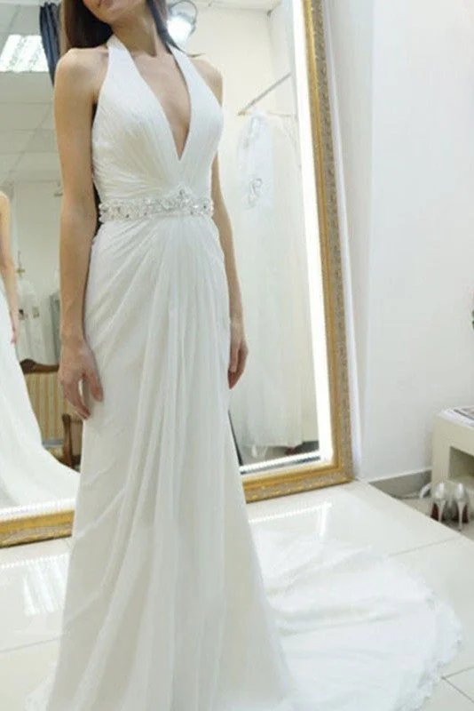 women's trendy dressesA Line Halter Chiffon Backless Court Train Beach Wedding Dresses N124