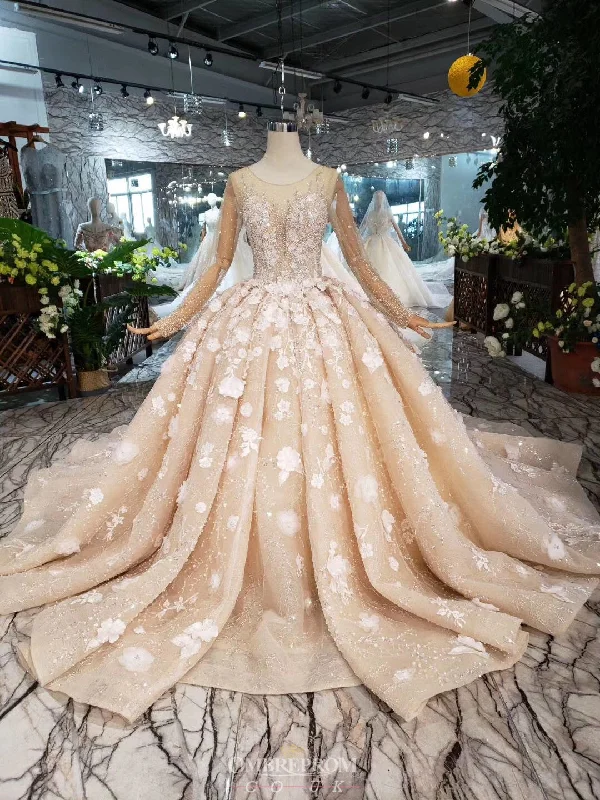 women's tall dressesLuxury Long Sleeves Wedding Dress With Pearls Appliques Formal Ball Gown OW407