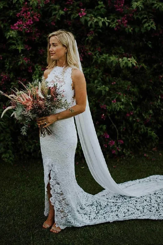 women's flutter-sleeved dressesSheath Boho Lace Bridal Gown with Slit Mermaid Wedding Dresses with Long Train N2256