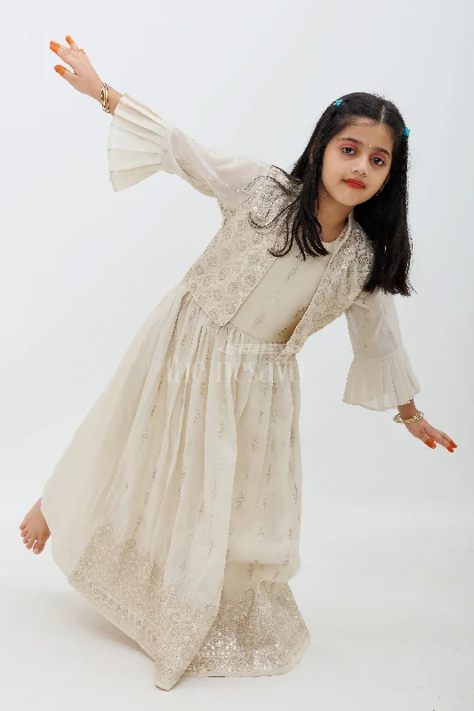 Backless DressCream Shimmer Tissue Viscose Silk Designer Gown with Embroidered Jacket