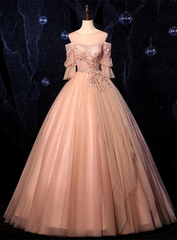 Bow-Tie DressChampagne Pink Tulle Short Sleeve Appliques Beading Quinceanera Dress