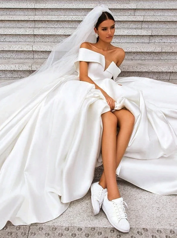 Skater DressOff Shoulder Satin Simple Wedding Dresses Elegant Long Bridal Dress OW552 Skater DressOff Shoulder Satin Simple Wedding Dresses Elegant Long Bridal Dress OW552