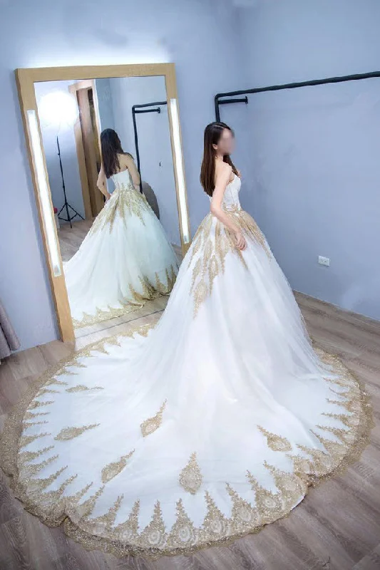 women's ball gown dressesPrincess Ball Gown Strapless Court Train White Tulle Wedding Dress with Gold Lace