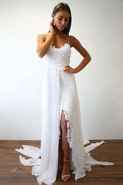 women's striped dressesSpaghetti Straps Lace Beach Chiffon Wedding Dress N2683