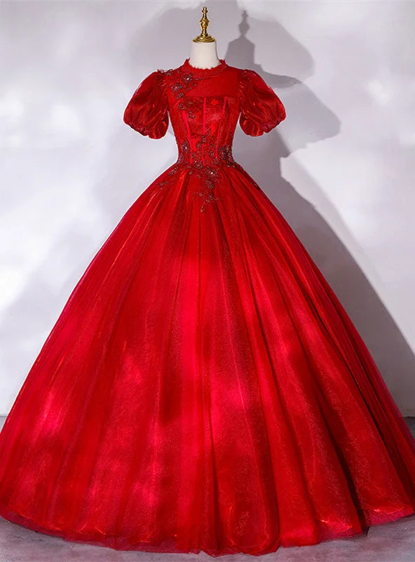 women's vintage dressesBurgundy Ball Gown Puff Sleeve Backless Appliques Quinceanera Dress