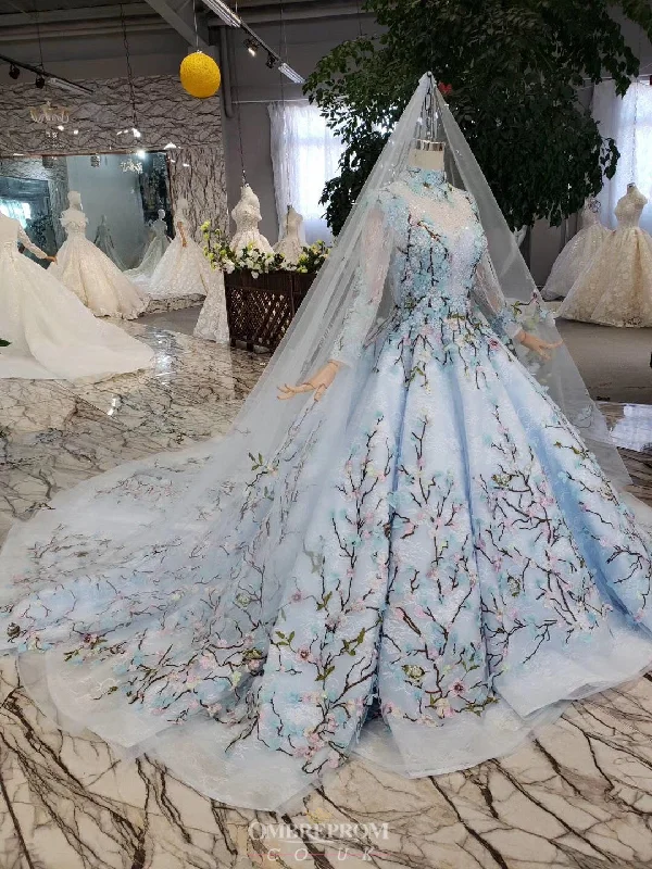 women's wrap dressesDelicate Lace Long Sleeves Cinderella Wedding Dress with Embroidery Appliques OW410