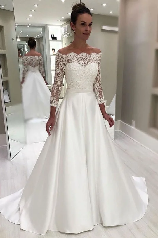 Plus-Size DressElegant Off The Shoulder Long Sleeves Satin and Lace Wedding Dresses