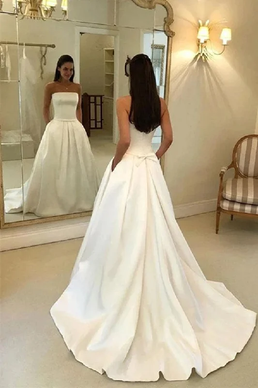 women's casual dressesStrapless Satin Long Wedding Dresses A Line Satin Bridal Dresses with Pockets N2633