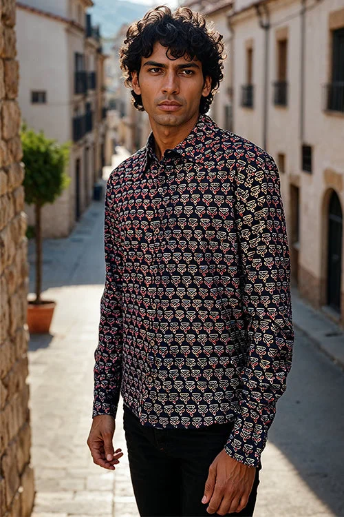 Men's Polo Shirts for Sports and Casual WearOkhai "Pioneer" Handblock Printed Pure Cotton Full-Sleeved Shirt
