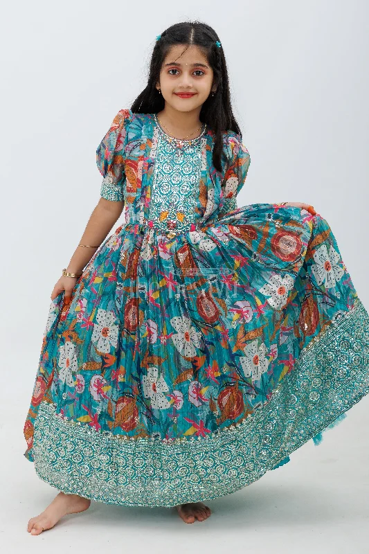 Chiffon DressSea Green Chinon Print Gown with Waist Embroidery