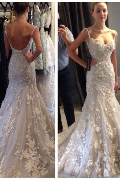 women's made-to-order dressesMermaid Straps Sleeveless Tulle Wedding Dresses With Appliques