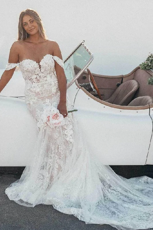Asymmetric DressCharming Mermaid Off the Shoulder Tulle Wedding Dresses with Lace N086
