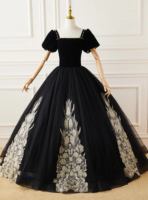 women's plus-size dressesBlack Tulle Velvet Square Short Sleeve Appliques Quinceanera Dress