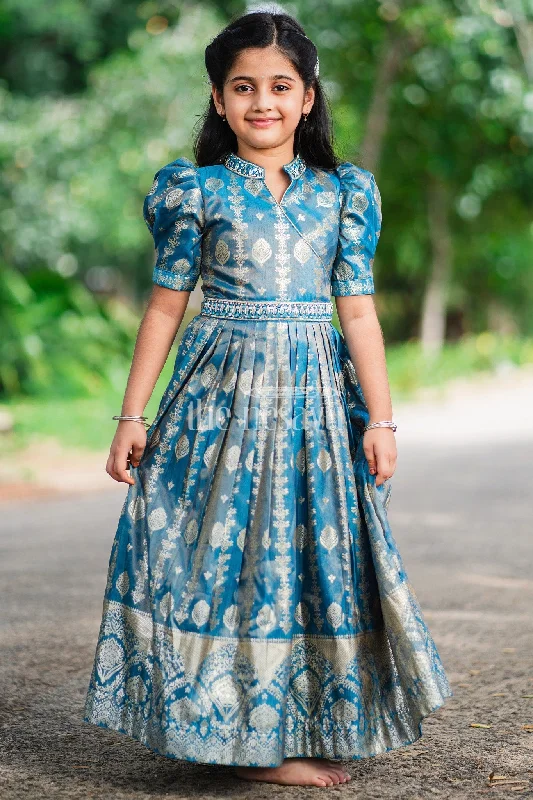 women's statement dressesGirls Blue Silk Gown with Golden Borders and Intricate Embroidery for Weddings and Celebrations