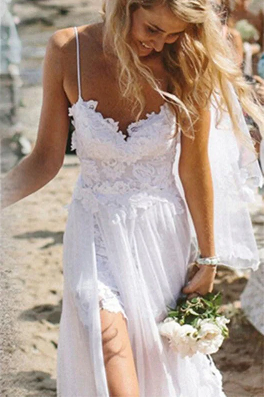 women's stretch dressesSpaghetti Straps White Lace Chiffon Backless Beach Wedding Dress