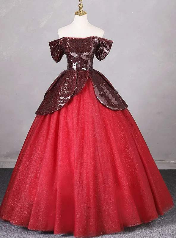Party DressBurgundy Sequins Tulle Off the Shoulder Quinceanera Dress