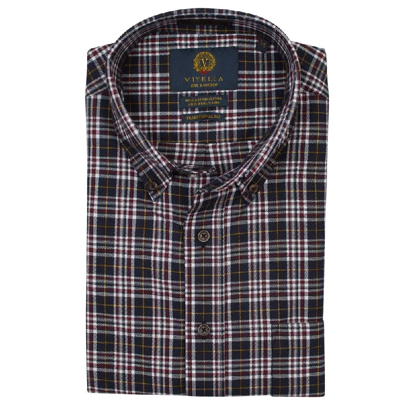 Versatile Men's Short-Sleeve ShirtsBlack, Burgundy, and Gold Plaid Cotton and Wool Blend Button-Down Shirt (Tailored Fit) by Viyella