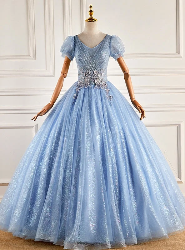 women's shift dressesBlue Tulle Sequins Puff Sleeve Pleats Quinceanera Dress
