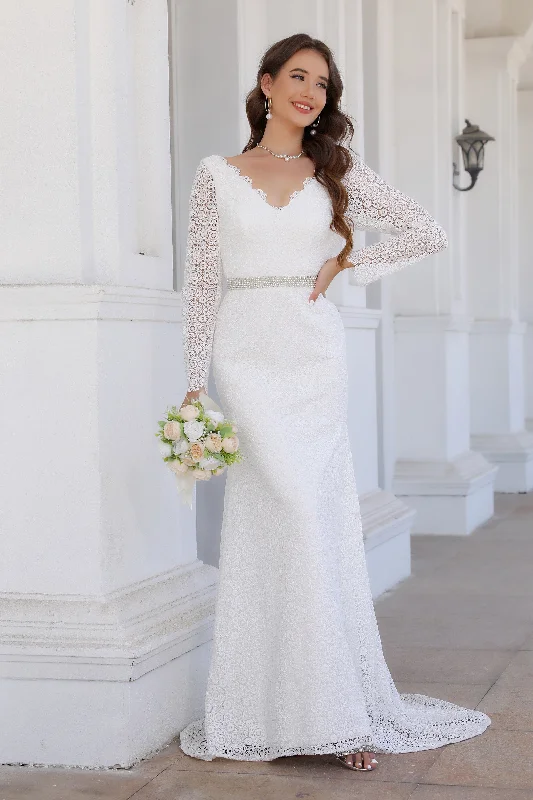 women's made-to-order dressesV Neck Long Sleeve Simple Ivory Wedding Dress