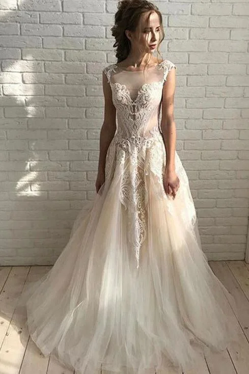 women's lace dressesIvory Elegant Sheer Neck Cap Sleeves Tulle Beach Wedding Dresses with Lace Applique N2537