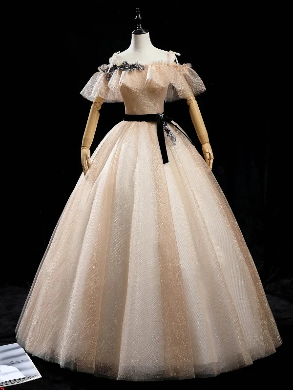 Solid Color DressChampagne Gold Tulle Appliques Quinceanera Dress
