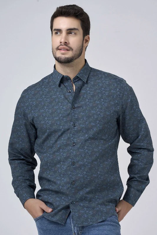Men's Cufflink-Ready Shirts for Formal EventsForest, Blue, and Black Floral Print No-Iron Cotton Sport Shirt with Hidden Button Down Collar by Leo Chevalier Men's Cufflink-Ready Shirts for Formal EventsForest, Blue, and Black Floral Print No-Iron Cotton Sport Shirt with Hidden Button Down Collar by Leo Chevalier