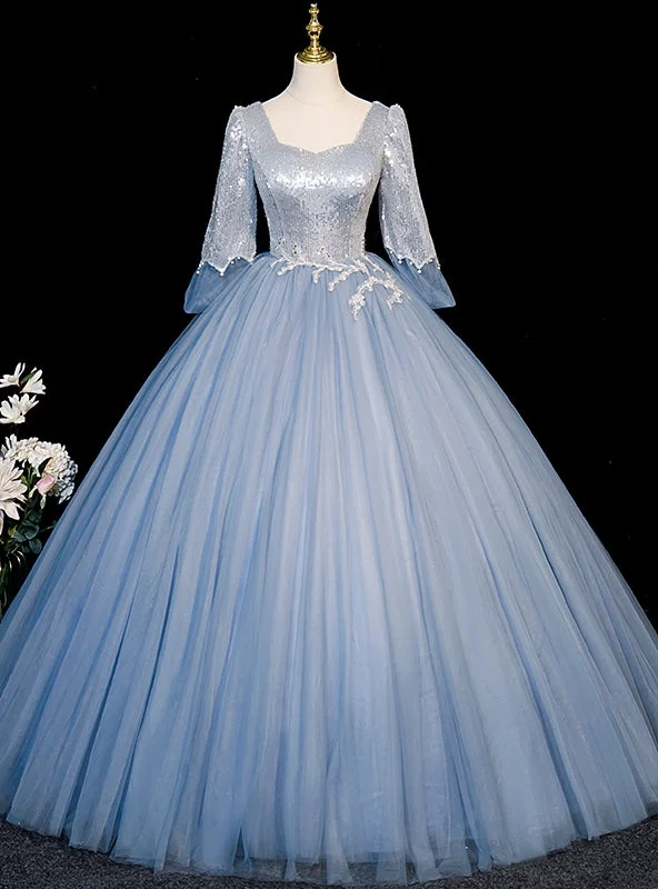 Button-Down DressBlue Sequins Tulle Long Sleeve Quinceanera Dress