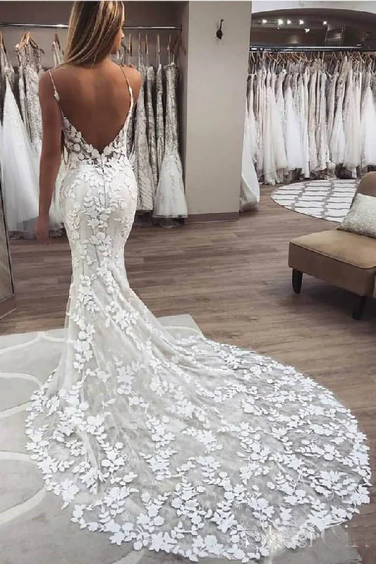women's work dressesVintage Spaghetti Strap Mermaid Lace Appliques Wedding Dress Boho Bridal Dress N1501