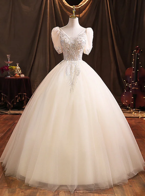 women's bow dressesChampagne Tulle V-neck Puff Sleeve Quinceanera Dresses