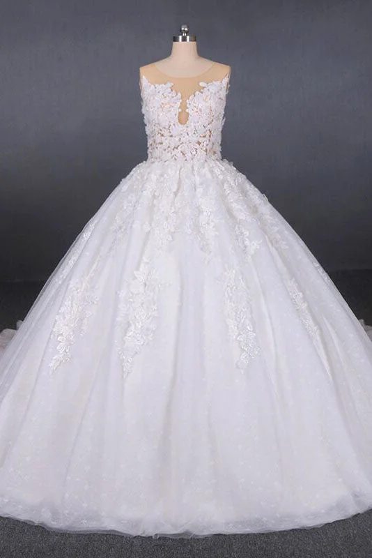 Elegant DressBall Gown Sheer Neck Sleeveless White Wedding Dresses Lace Appliqued Bridal Dresses N2297