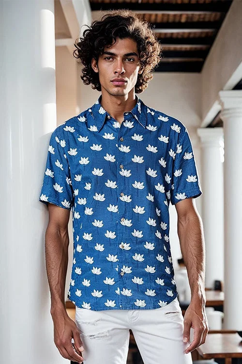 Men's Golf Shirts for On-Course StyleOkhai "Lotus Ripple" Handblock Printed Pure Cotton Half-Sleeved Shirt