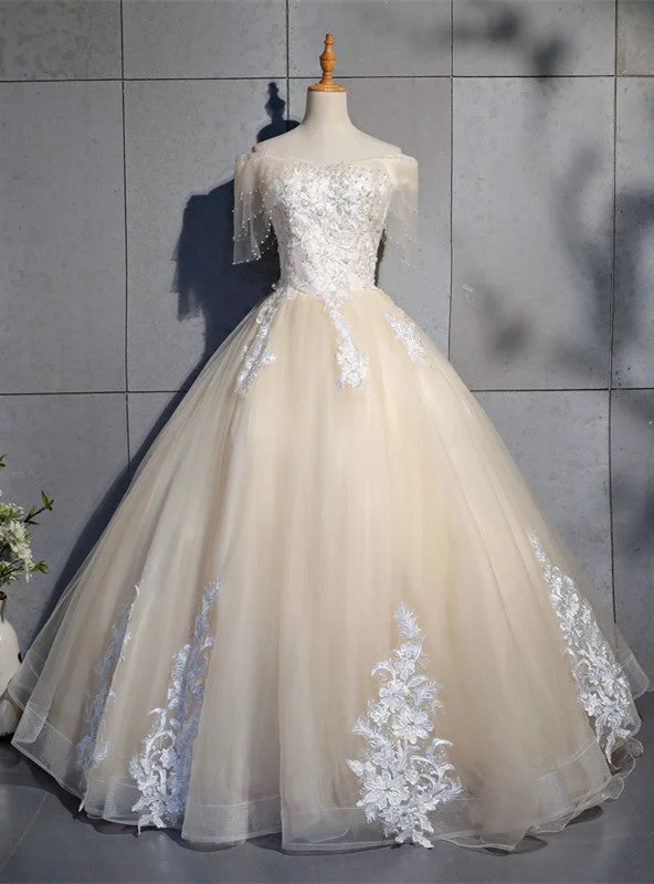 Glamour DressChampagne Tulle Off the Shoulder Appliques Beading Quinceanera Dress