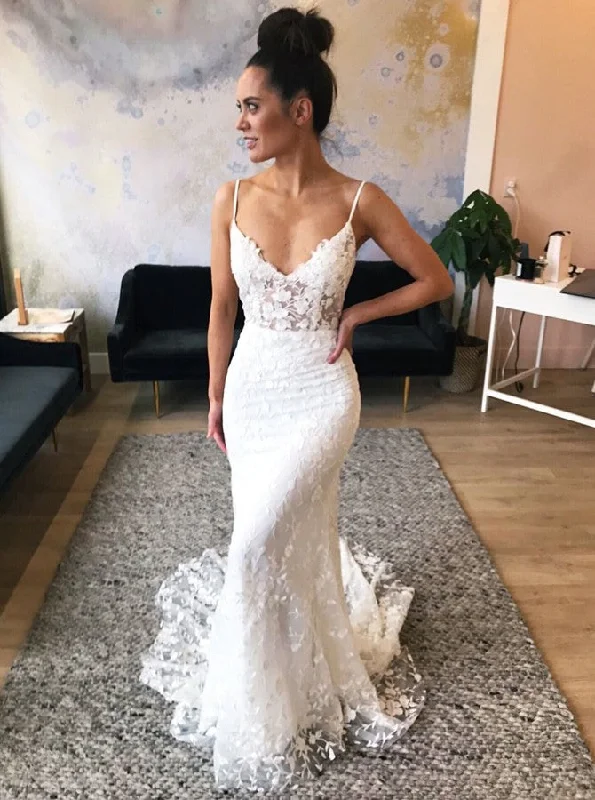 women's pastel dressesSpaghetti Straps Sweep Train Lace Appliques Mermaid Wedding Dress OW454