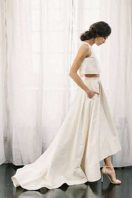 women's formal dressesTwo Pieces High Low Satin Wedding Dresses A Line Jewel Bridal Dresses N2593