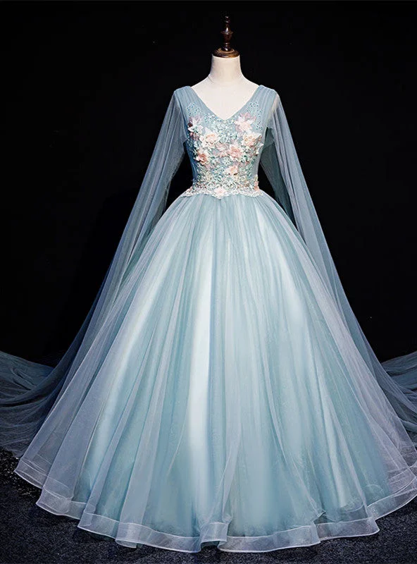 women's stretch dressesBlue Tulle V-neck Appliques Pleats Quinceanera Dress