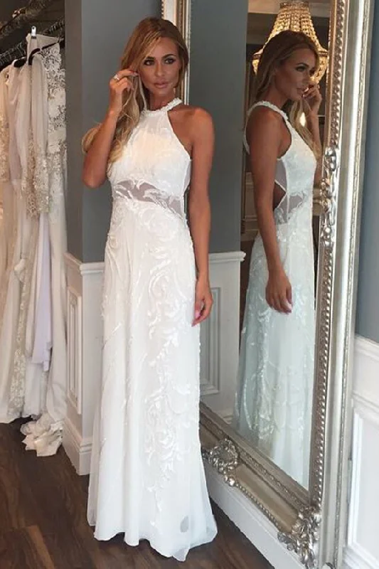 Party DressHalter Floor Length Sleeveless Jewel Beach Wedding Dresses N938