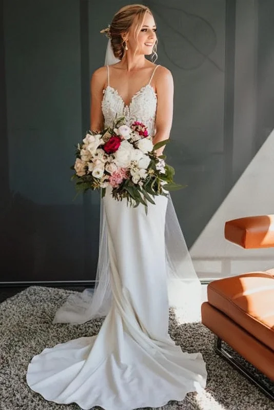 women's mother of the bride dressesVintage Lace Top Spaghetti Strap Backless Long Wedding Dresses Bridal Dresses N1774