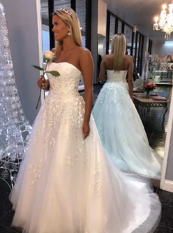 women's spaghetti strap dressesWhite A-Line Tulle Strapless Wedding Dresses With Appliques OW448