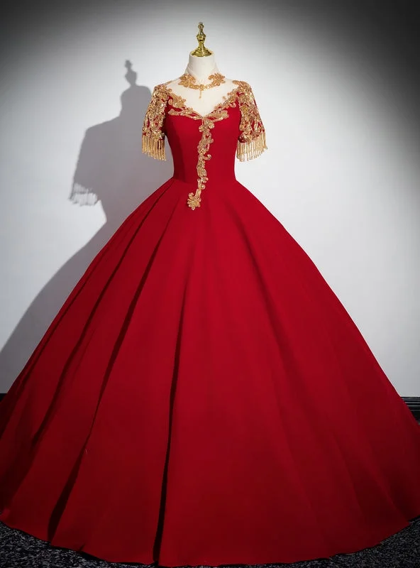 Wedding DressBurgundy Short Sleeve Beading Sequins Quinceanera Dress