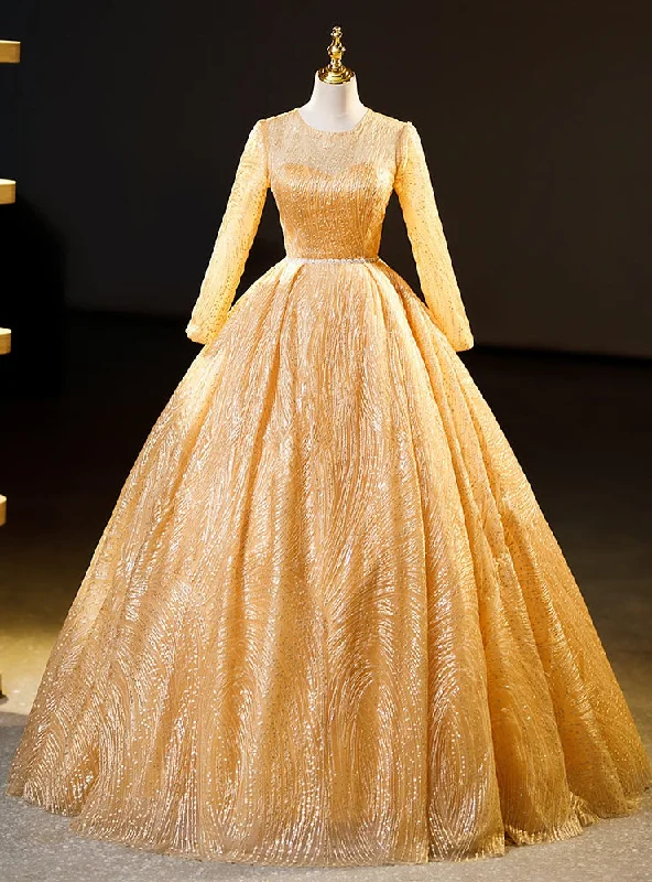 women's mini dressesGold Tulle Sequins Long Sleeve Quinceanera Dress