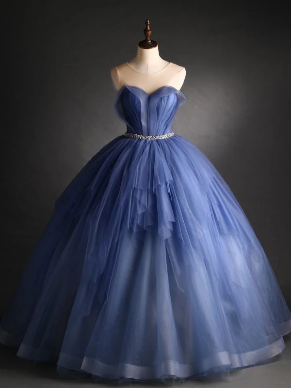 Flowy DressBlue Tulle Pleats Backless Beading Quinceanera Dress