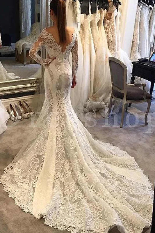 women's retro dressesTrumpet V-neck Long Sleeves Court Train Lace Wedding Dresses Mermaid Lace Bridal Dresses N846