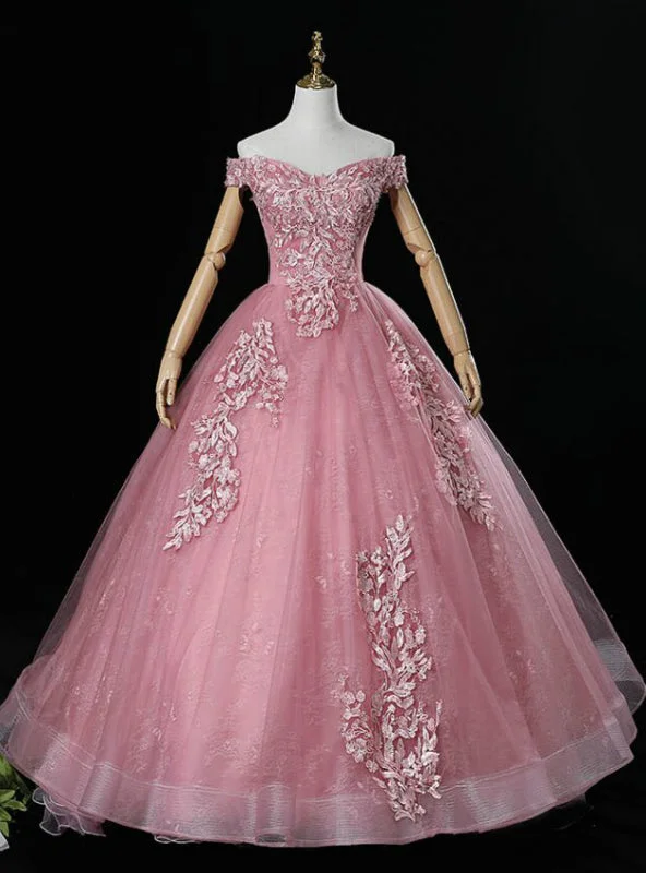 Formal DressDiscover The Latest Pink Ball Gown Tulle Appliques Off the Shoulder Pearls Quinceanera Dress