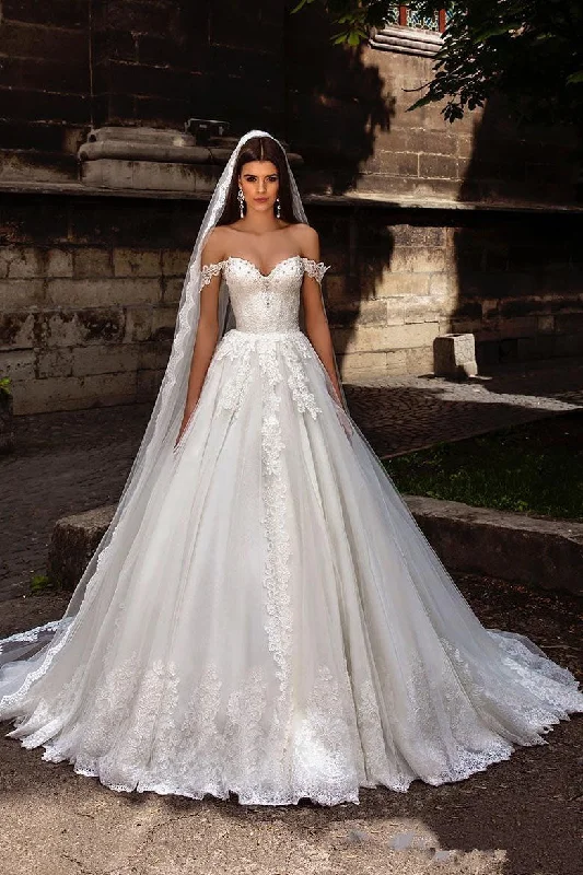 women's eco-friendly dressesGorgeous Off Shoulder Sweep Train Lace Up Back Tulle Wedding Dresses with Appliques N2376