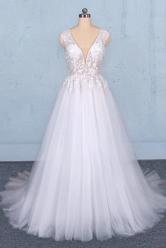 A-Line DressSexy V-Neck Tulle Wedding Dresses with Lace Appliques A Line Backless Bridal Dresses N2287